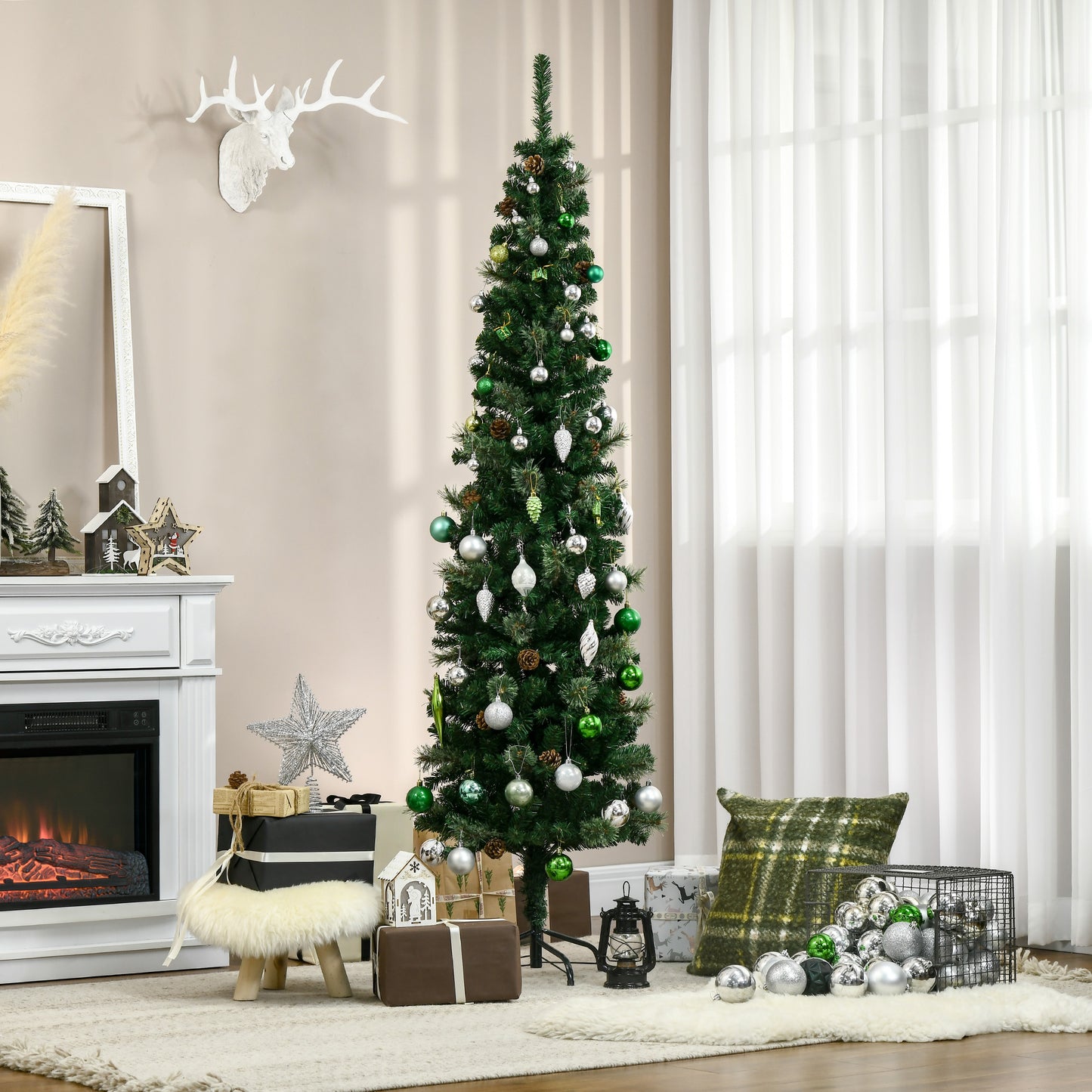 HOMCOM Árvore de Natal Artificial 195 cm Árvore de Natal com 556 Ramos Árvore de Natal Estreita Slim com 25 Pinhas Base Dobrável Ø54x195 cm Verde