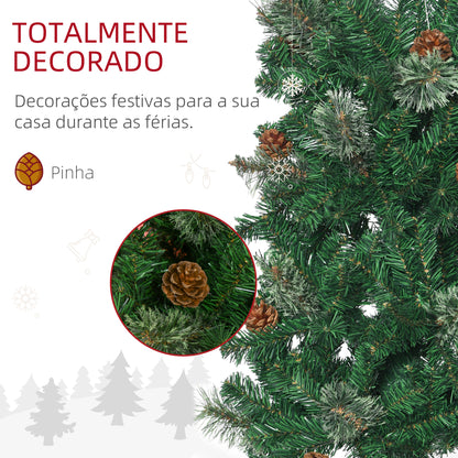 HOMCOM Árvore de Natal Artificial 195 cm Árvore de Natal com 556 Ramos Árvore de Natal Estreita Slim com 25 Pinhas Base Dobrável Ø54x195 cm Verde