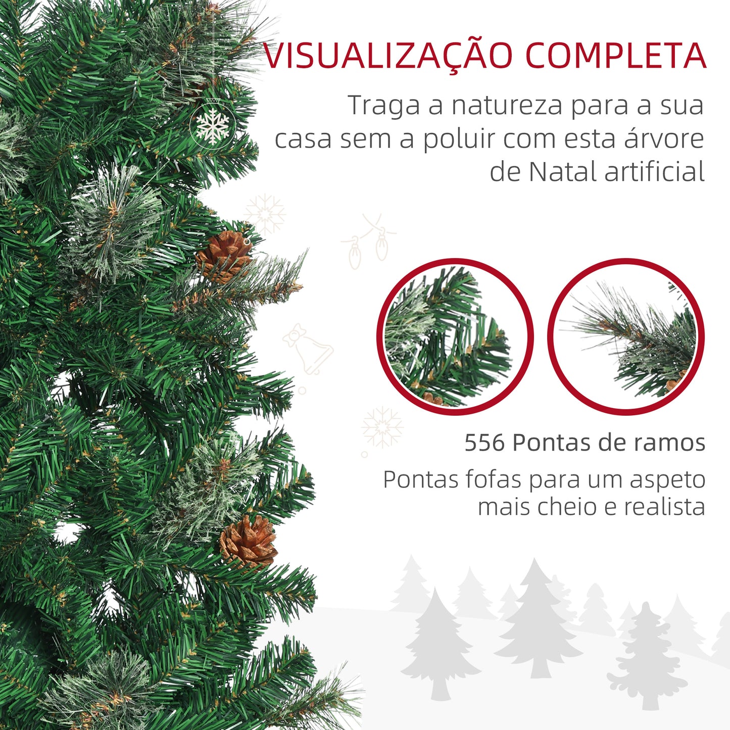 HOMCOM Árvore de Natal Artificial 195 cm Árvore de Natal com 556 Ramos Árvore de Natal Estreita Slim com 25 Pinhas Base Dobrável Ø54x195 cm Verde