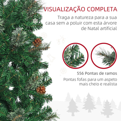 HOMCOM Árvore de Natal Artificial 195 cm Árvore de Natal com 556 Ramos Árvore de Natal Estreita Slim com 25 Pinhas Base Dobrável Ø54x195 cm Verde