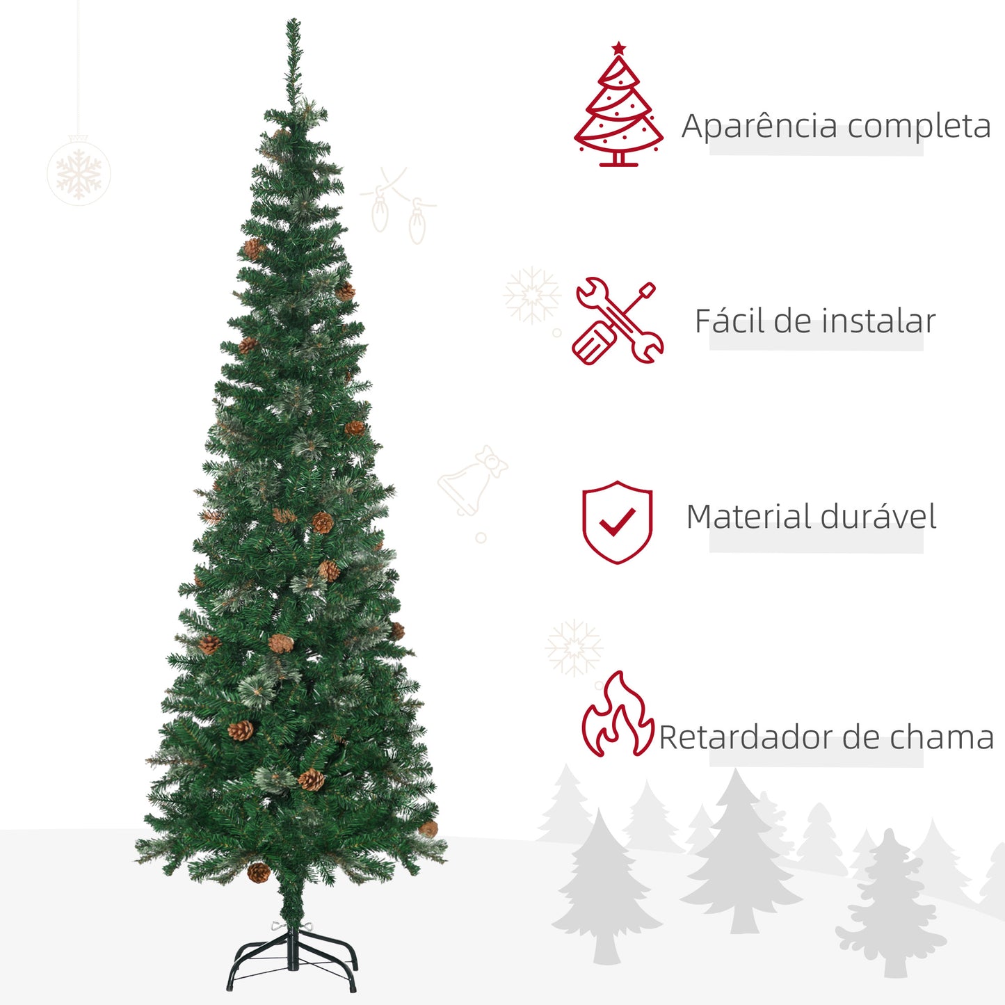 HOMCOM Árvore de Natal Artificial 195 cm Árvore de Natal com 556 Ramos Árvore de Natal Estreita Slim com 25 Pinhas Base Dobrável Ø54x195 cm Verde