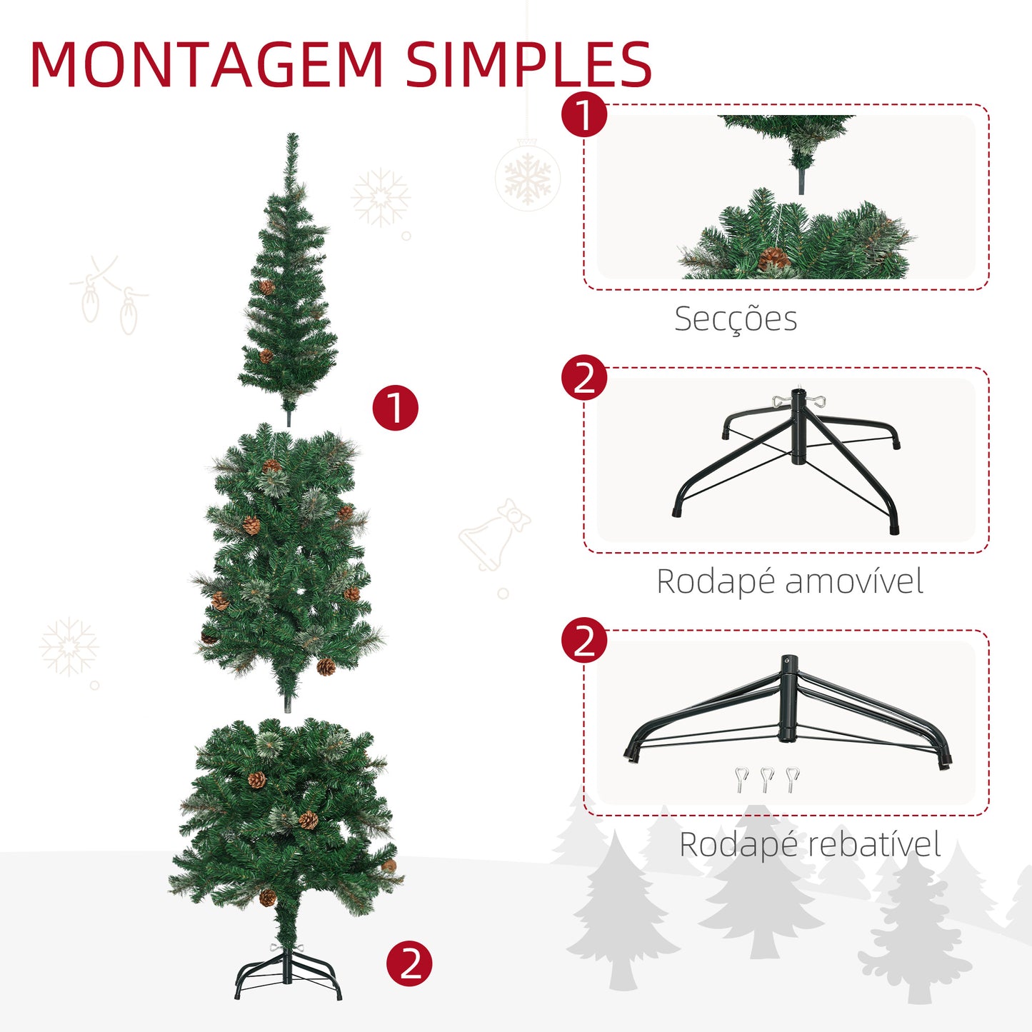 HOMCOM Árvore de Natal Artificial 195 cm Árvore de Natal com 556 Ramos Árvore de Natal Estreita Slim com 25 Pinhas Base Dobrável Ø54x195 cm Verde