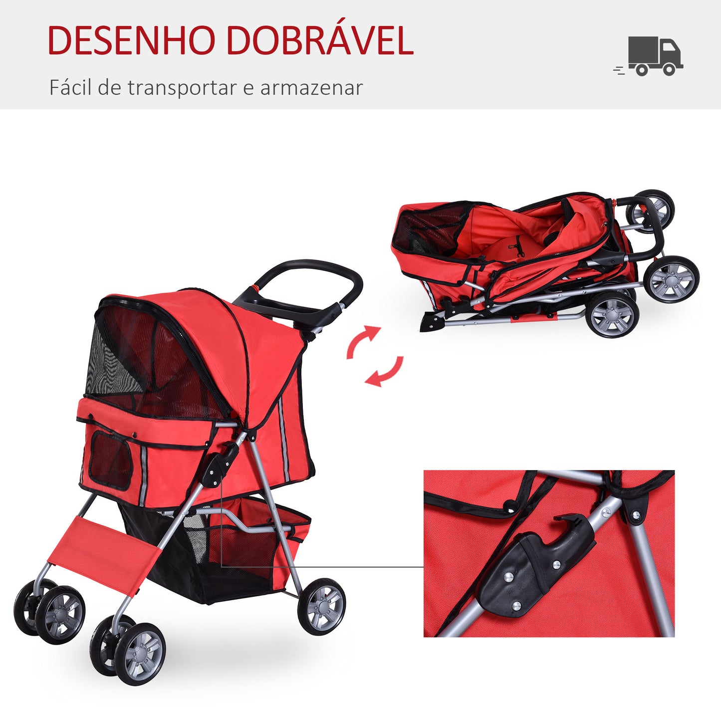 PawHut Carrinho de Passeio para Animais de Estimação Carrinho para Cães e Gatos Dobrável com Capô Ajustável Cesta de Armazenamento Suporte para Copos e Travão 75x45x97cm Vermelho