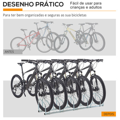 HOMCOM Estacionamento para 5 Bicicletas Suporte de Aço para Estacionar Bicicletas no Chão para Interior e Exterior 130x33x27cmPrata