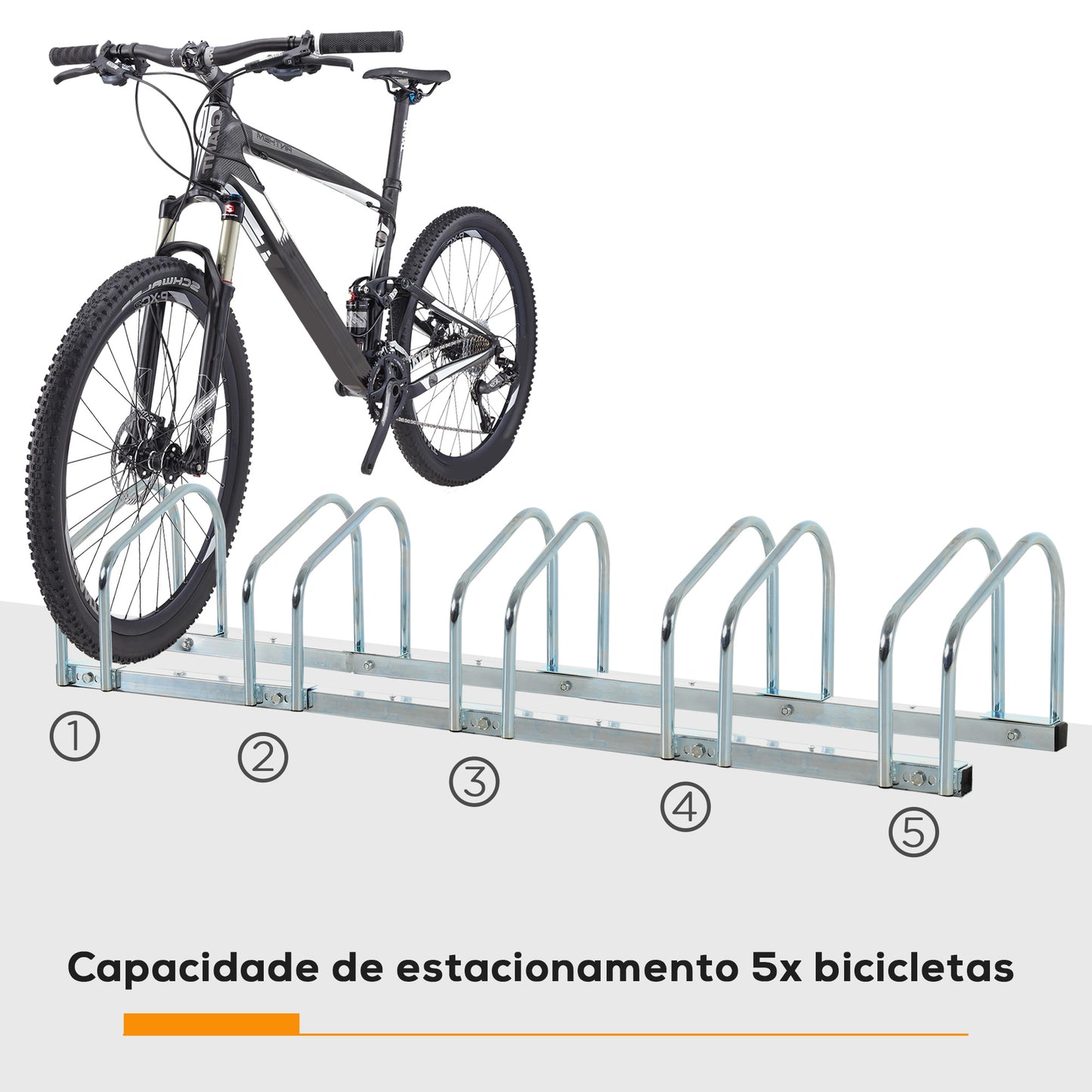 HOMCOM Estacionamento para 5 Bicicletas Suporte de Aço para Estacionar Bicicletas no Chão para Interior e Exterior 130x33x27cmPrata