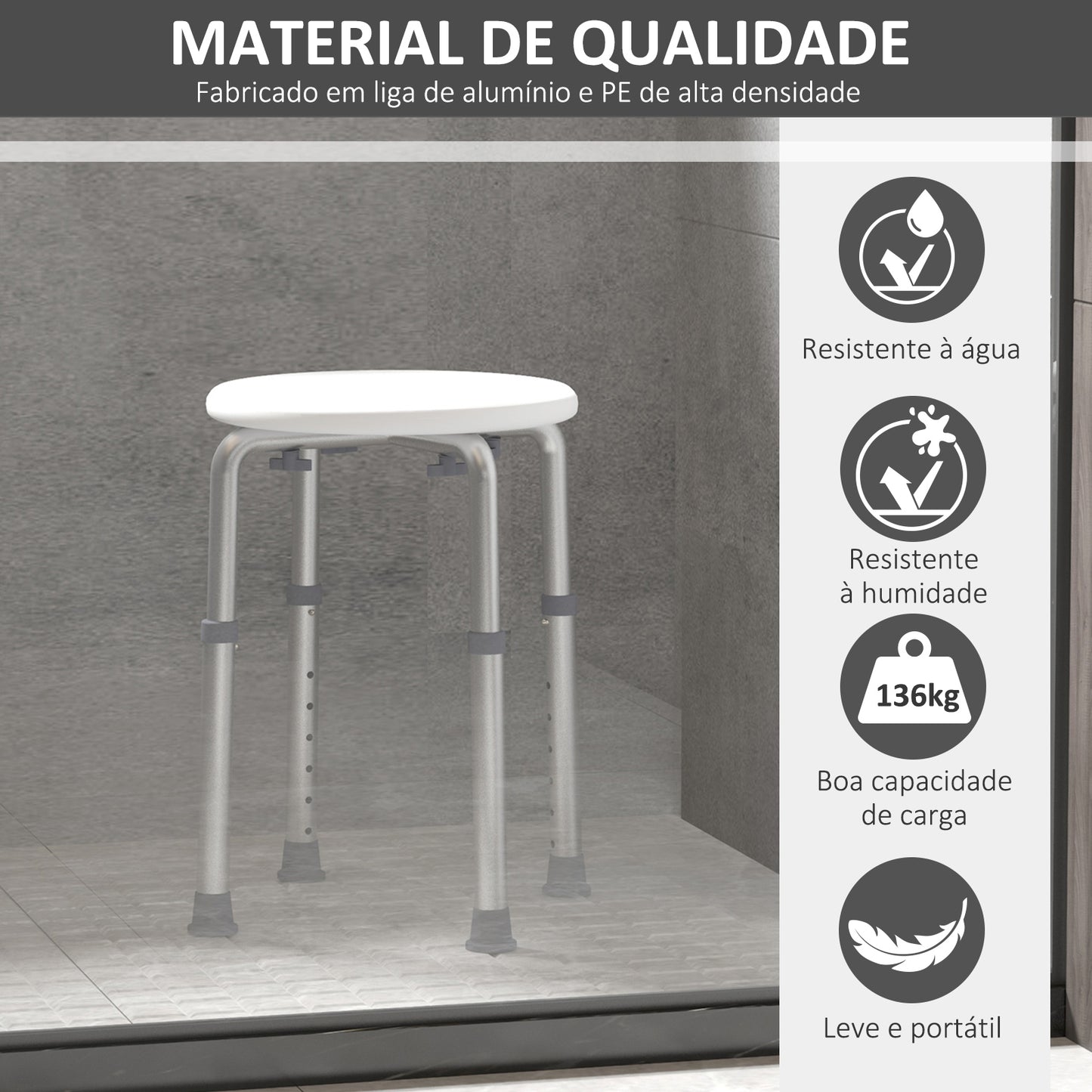 HOMCOM Banco de Duche Banco de Segurança para Duche com Altura Ajustável 32,2x41x35,5-54cm Branco