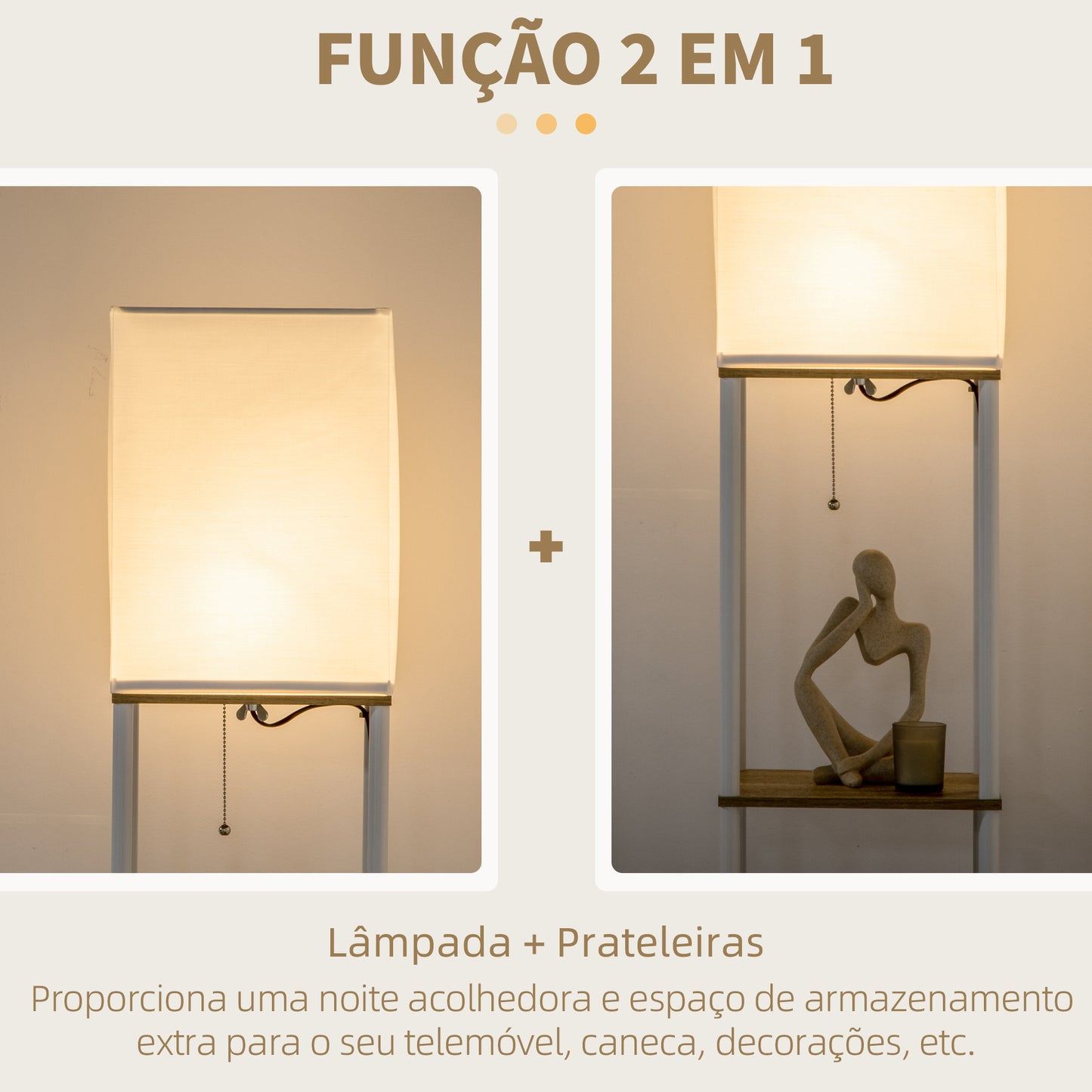 HOMCOM Candeeiro de Pé Moderno com Prateleiras Candeeiro de Pé para Sala de Estar Lâmpada E27 Máx. 40W com Ecrã de Tecido e Interruptor de Pé para Dormitório Escritório 26x26x159cm Branco e Madeira