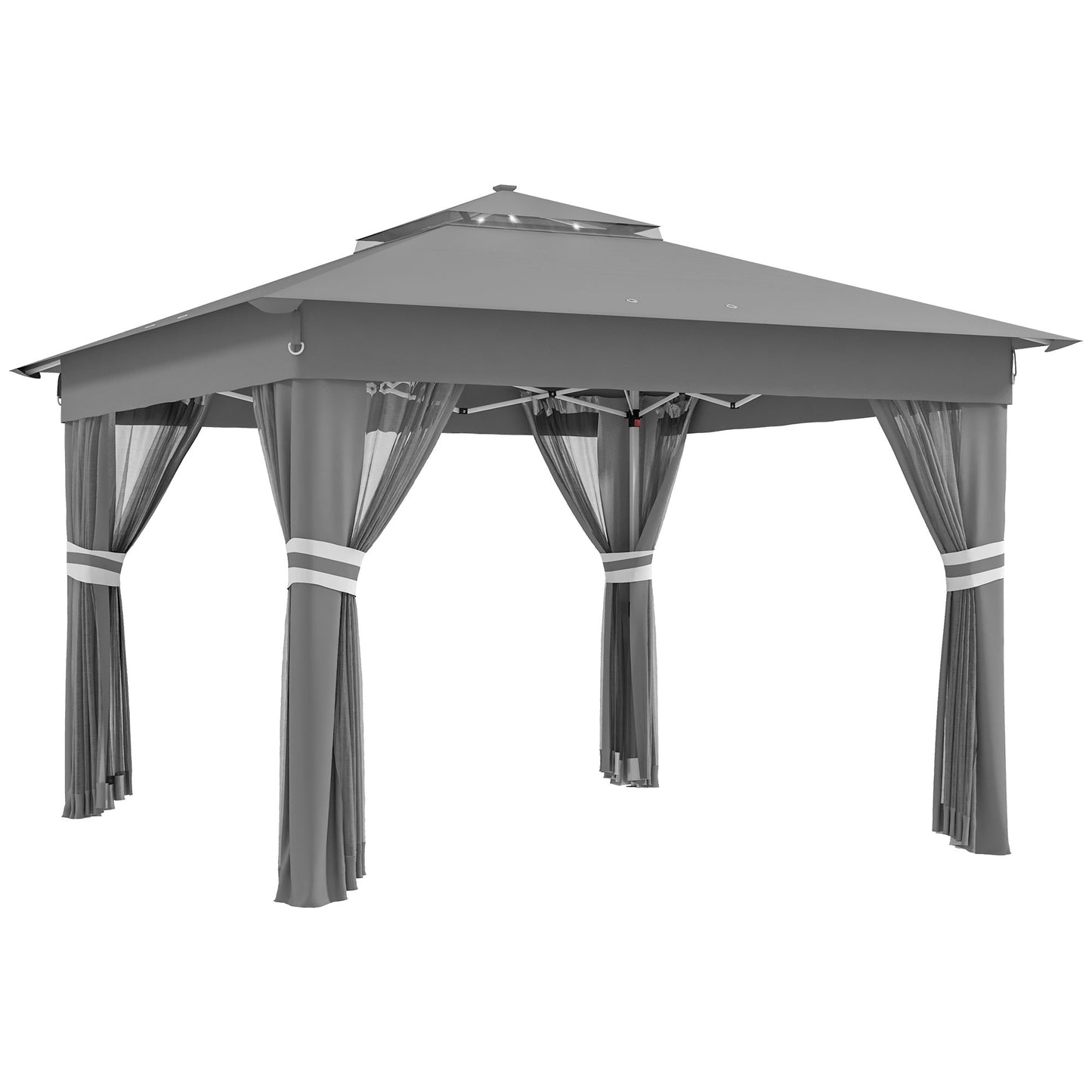 Outsunny Tenda Dobrável 336x336 cm Tenda de Jardim com Teto Duplo 4 Paredes Laterais 20 Luzes LED Solares Altura Ajustável Controlo Remoto e Bolsa de Transporte para Jardim Pátio Festas Cinza