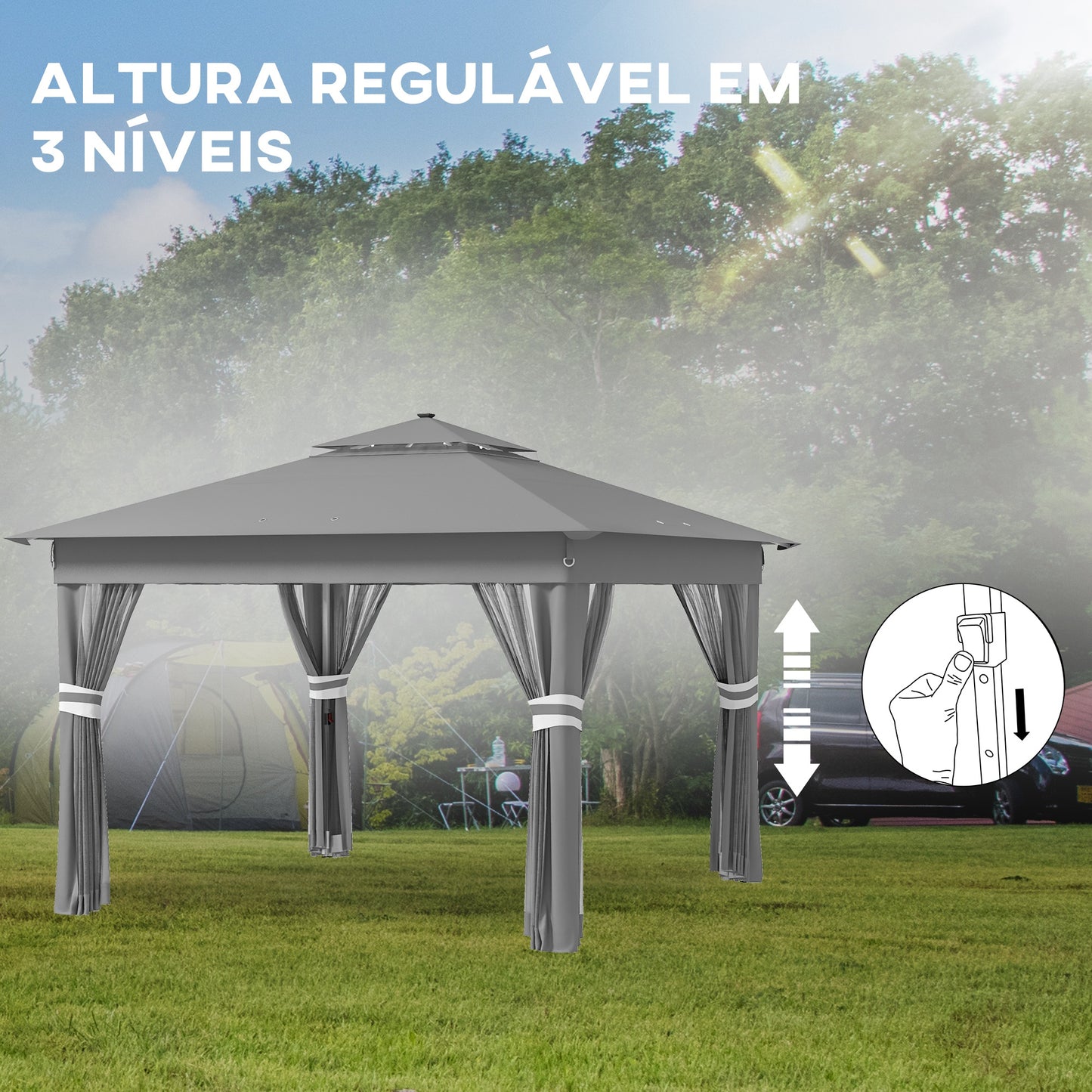 Outsunny Tenda Dobrável 336x336 cm Tenda de Jardim com Teto Duplo 4 Paredes Laterais 20 Luzes LED Solares Altura Ajustável Controlo Remoto e Bolsa de Transporte para Jardim Pátio Festas Cinza