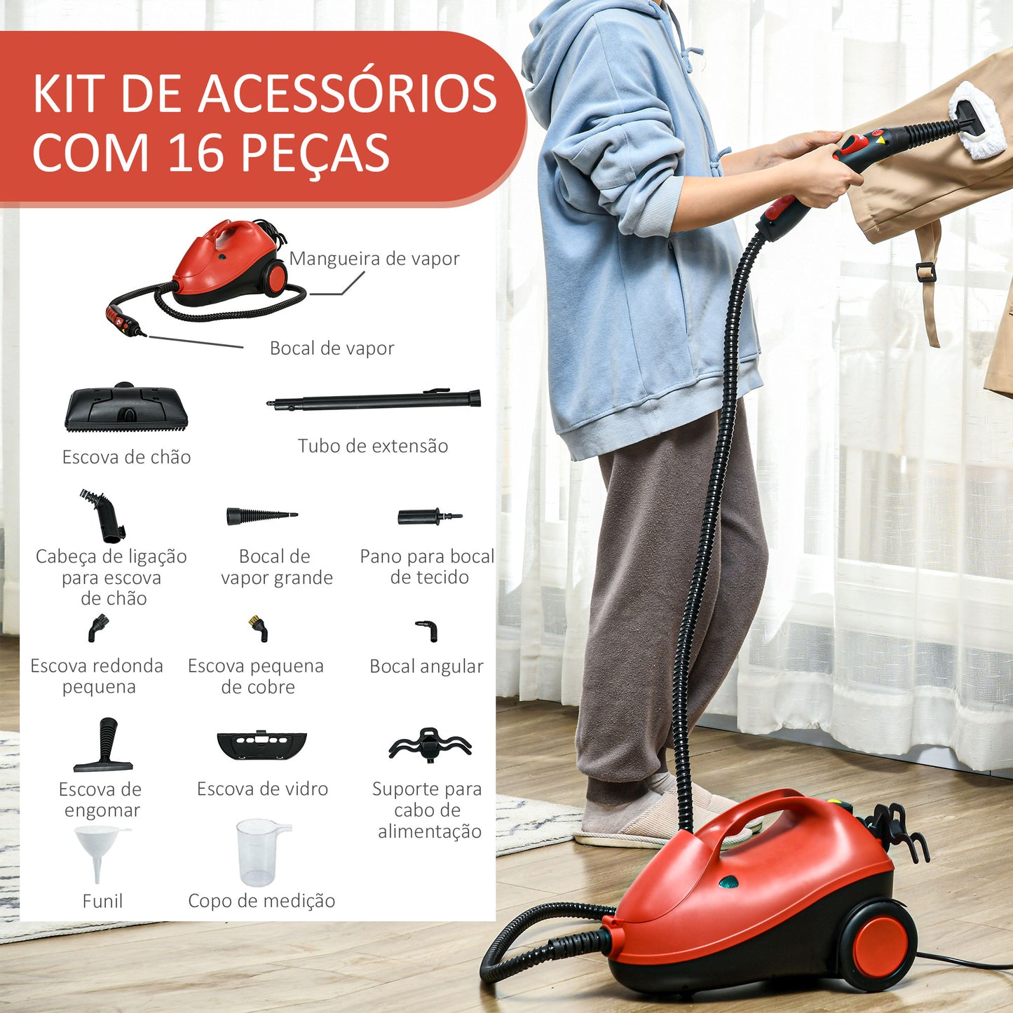 HOMCOM Máquina de Limpeza a Vapor 4 Bares Potência 2000W Máquina de Limpeza a Vapor Multiusos Depósito 2L Autonomia 35 min com 16 Acessórios 40x24x27,2 cm Vermelho