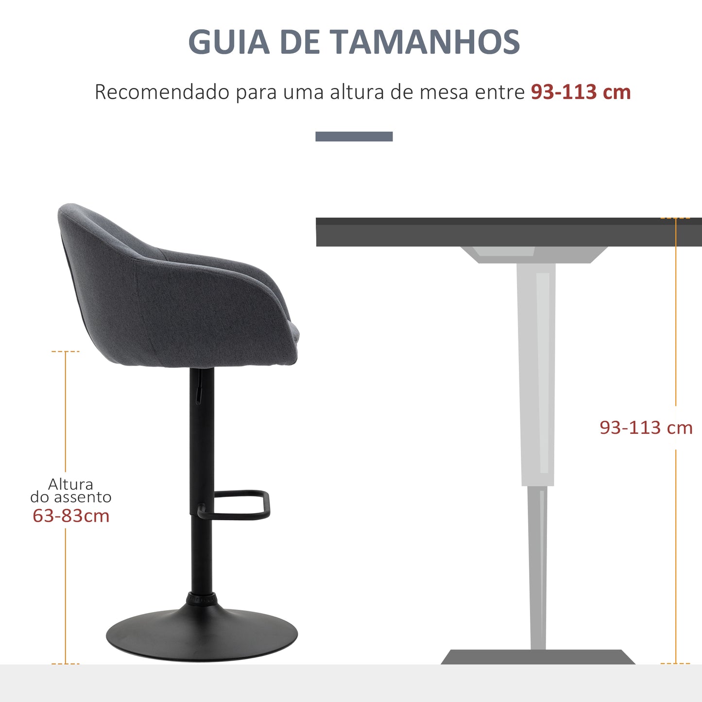 HOMCOM Banco Alto de Cozinha com Altura Ajustável Banco de Bar Estofado com Apoio para o Pés e Pés de Aço Carga Máxima 110 kg 54x54x92-112 cm Cinza Escuro