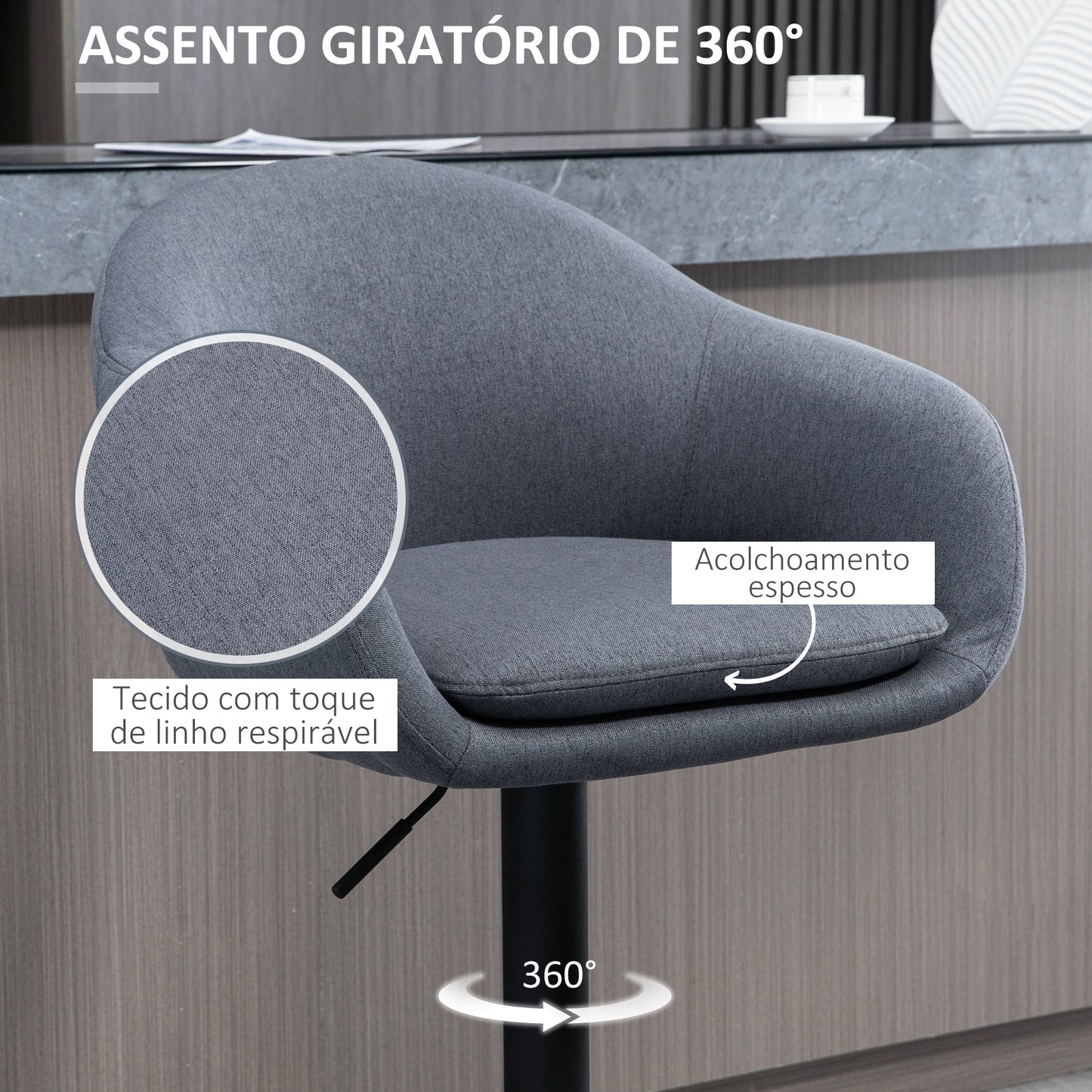 HOMCOM Banco Alto de Cozinha com Altura Ajustável Banco de Bar Estofado com Apoio para o Pés e Pés de Aço Carga Máxima 110 kg 54x54x92-112 cm Cinza Escuro