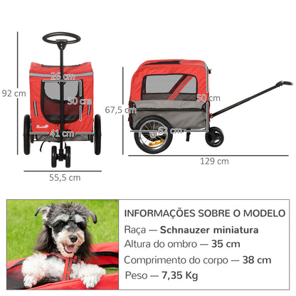 PawHut Reboque de Bicicleta para Cães 2 em 1 Carrinho para Animais de Estimação com Cinto de Segurança Guiador de Empurre Removível Bandeira e Refletores Carga Máxima 10kg 129x55,5x92cm Vermelho