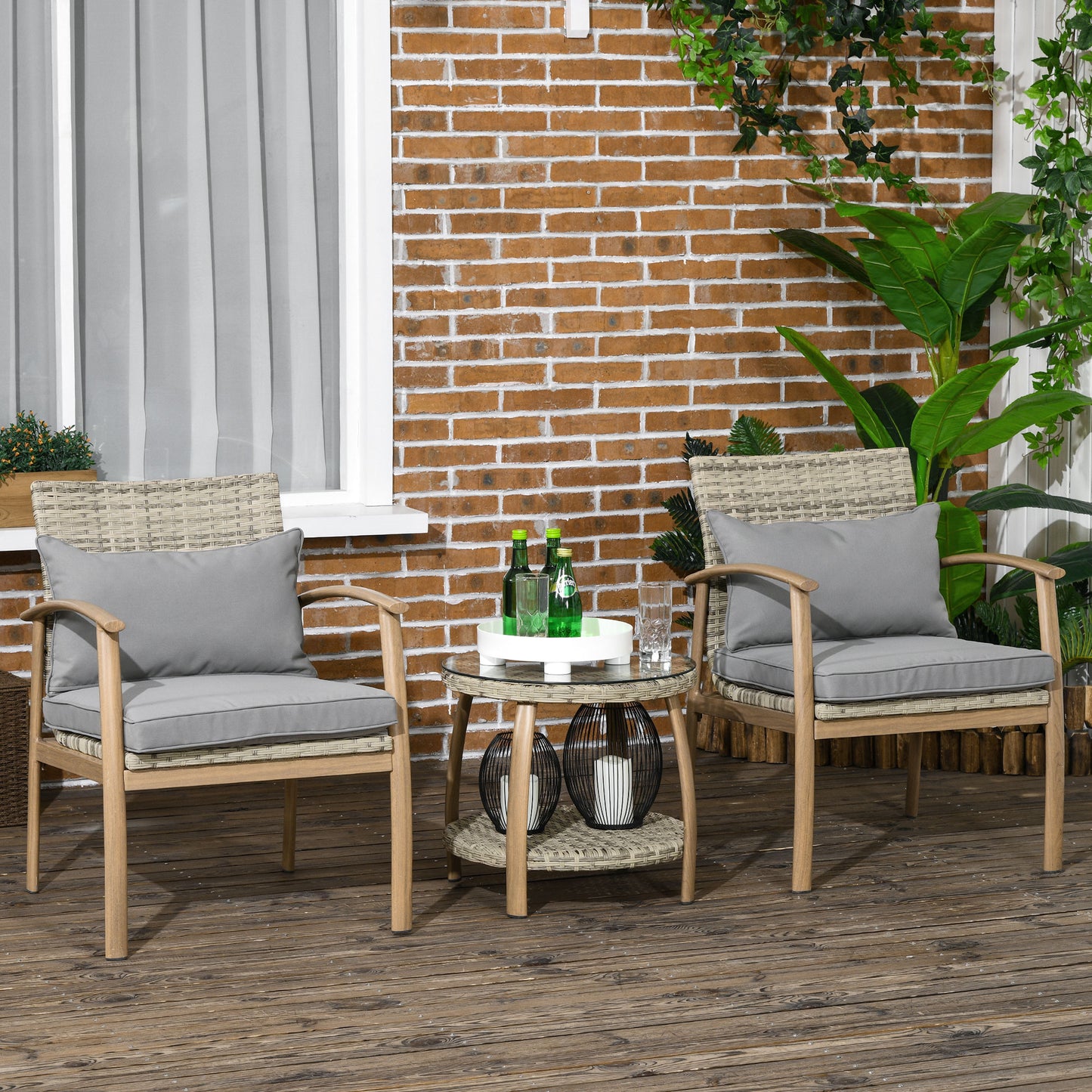 Outsunny Conjunto de Mesa e Cadeiras para Exterior Conjunto de 3 Peças Cadeiras e Mesa em Vime com Estrutura de Alumínio Inclui 2 Cadeiras 1 Mesa de Vidro Temperado e Almofadas Natural e Marróm