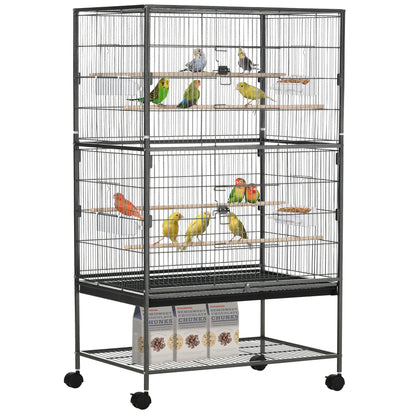 PawHut Gaiola para Pássaros com Rodas 78x52x132 cm Gaiola para Pássaros Metálica com Bandeja Amovível 4 Portas 4 Comedouros 4 Poleiros e Prateleira de Armazenamento para Canários Periquitos Cinza