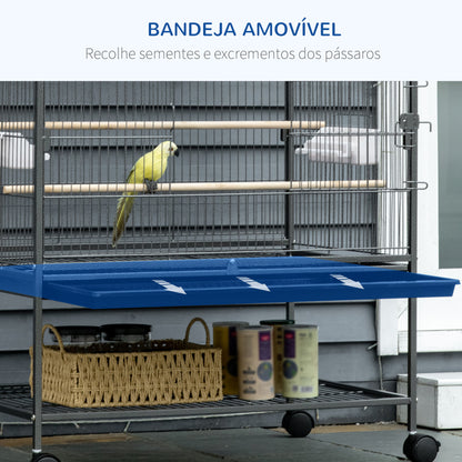 PawHut Gaiola para Pássaros com Rodas 78x52x132 cm Gaiola para Pássaros Metálica com Bandeja Amovível 4 Portas 4 Comedouros 4 Poleiros e Prateleira de Armazenamento para Canários Periquitos Cinza