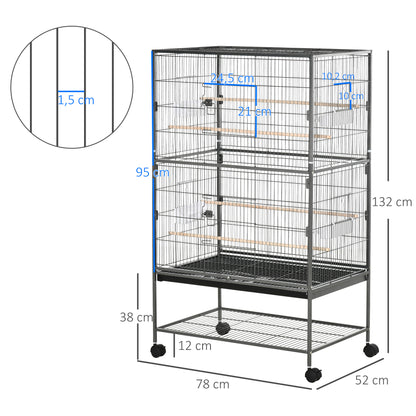 PawHut Gaiola para Pássaros com Rodas 78x52x132 cm Gaiola para Pássaros Metálica com Bandeja Amovível 4 Portas 4 Comedouros 4 Poleiros e Prateleira de Armazenamento para Canários Periquitos Cinza