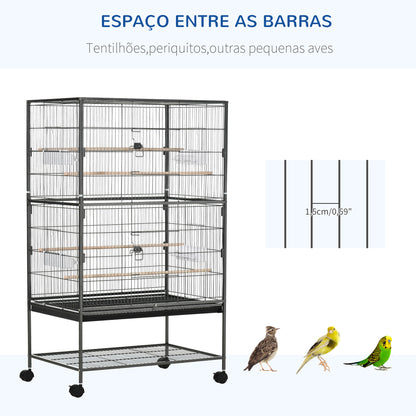 PawHut Gaiola para Pássaros com Rodas 78x52x132 cm Gaiola para Pássaros Metálica com Bandeja Amovível 4 Portas 4 Comedouros 4 Poleiros e Prateleira de Armazenamento para Canários Periquitos Cinza