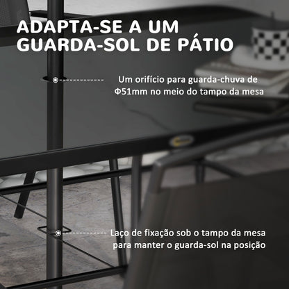 Outsunny Conjunto de Móveis de Jardim 8 Peças com 6 Cadeiras Dobráveis Mesa com Bancada de Vidro e Chapéu de Sol Inclinável Proteção Solar para Terraço Exterior Preto