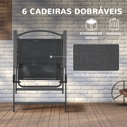 Outsunny Conjunto de Móveis de Jardim 8 Peças com 6 Cadeiras Dobráveis Mesa com Bancada de Vidro e Chapéu de Sol Inclinável Proteção Solar para Terraço Exterior Preto