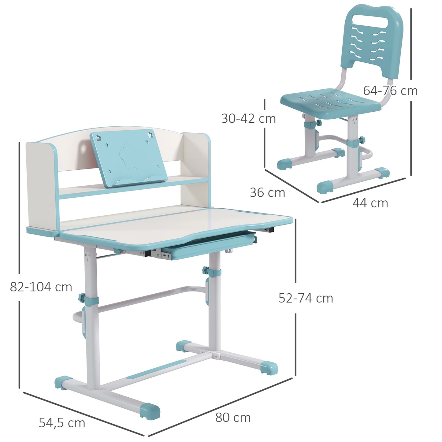 ZONEKIZ Conjunto de Secretária e Cadeira para Crianças de 6-12 Anos Secretária para Crianças com Altura Ajustável com 1 Gaveta 1 Prateleira para Livros e Ângulo da Mesa Ajustável 80x54,5x82-104 cm Azul