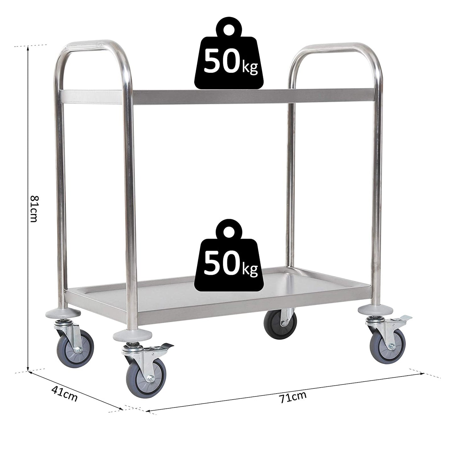 Carrinho Auxiliar com Rodas de Aço Inoxidável Carrinho de Cozinha com 2 Prateleiras e 2 Pegas para Sala de Jantar 70,5x40,5x81 cm Prata