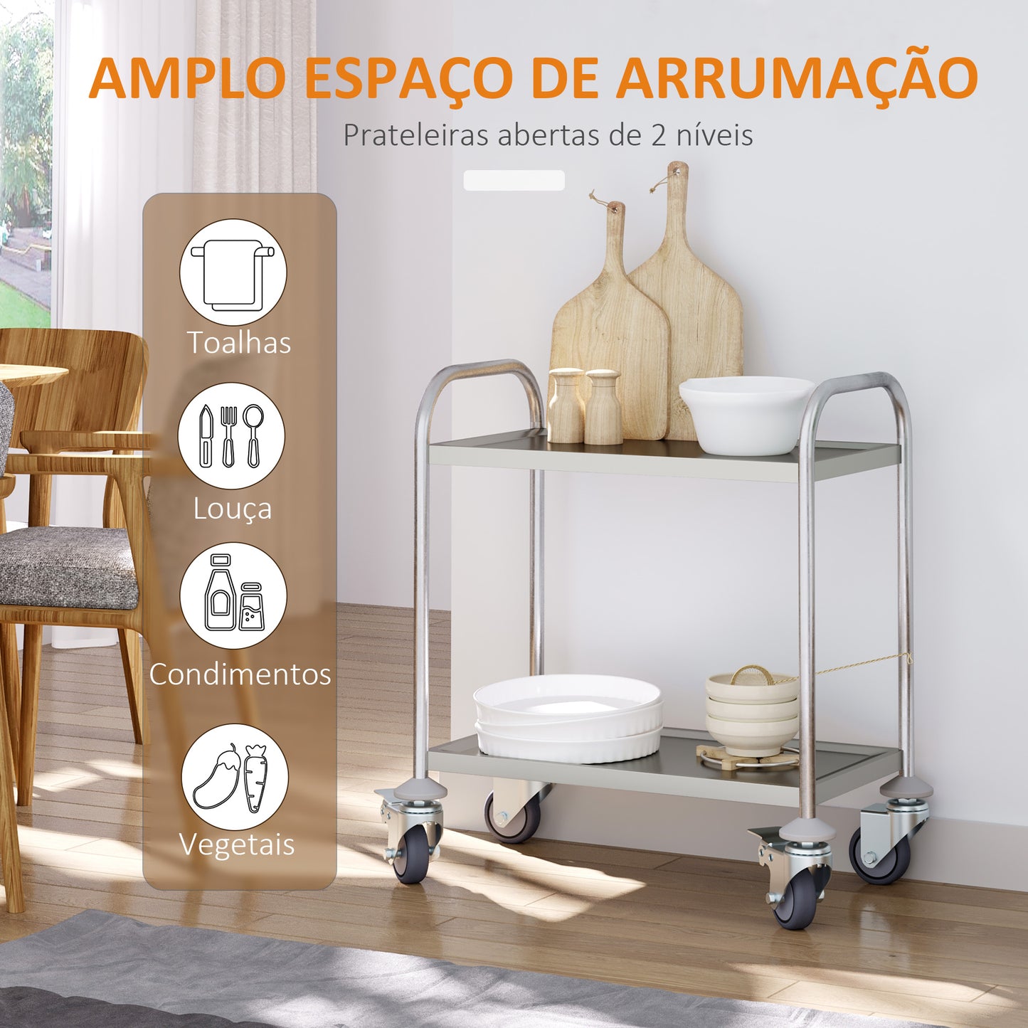 Carrinho Auxiliar com Rodas de Aço Inoxidável Carrinho de Cozinha com 2 Prateleiras e 2 Pegas para Sala de Jantar 70,5x40,5x81 cm Prata