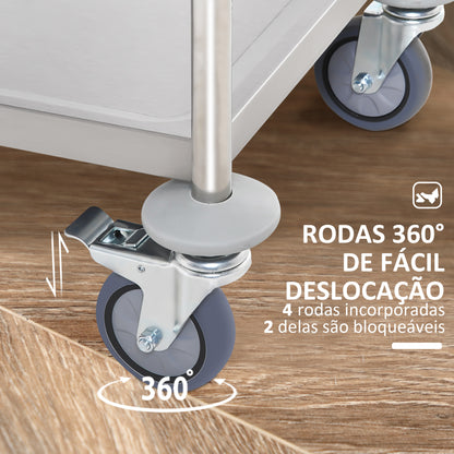 Carrinho Auxiliar com Rodas de Aço Inoxidável Carrinho de Cozinha com 2 Prateleiras e 2 Pegas para Sala de Jantar 70,5x40,5x81 cm Prata