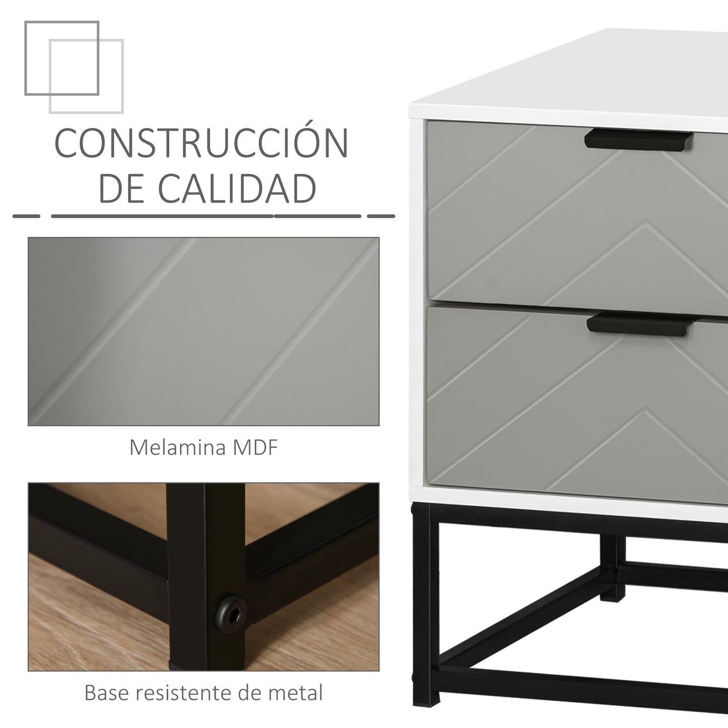 HOMCOM Mesa de cabeceira Mesa lateral com 2 gavetas e base elevada de metal Estilo moderno e minimalista 39,5x40x48 cm Branco e cinza