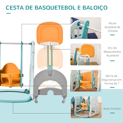 HOMCOM 5 em 1 Escorrega e Baloiço para Crianças acima de 18 meses com 2 Cestas de Basquetebol Porteria de Futbol com Assento Ajustável Parque Infantil Interior e Exterior 210x186x133cm Multicor