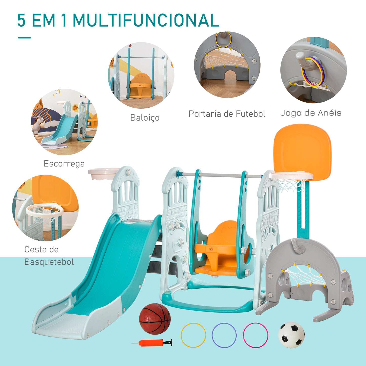 HOMCOM 5 em 1 Escorrega e Baloiço para Crianças acima de 18 meses com 2 Cestas de Basquetebol Porteria de Futbol com Assento Ajustável Parque Infantil Interior e Exterior 210x186x133cm Multicor