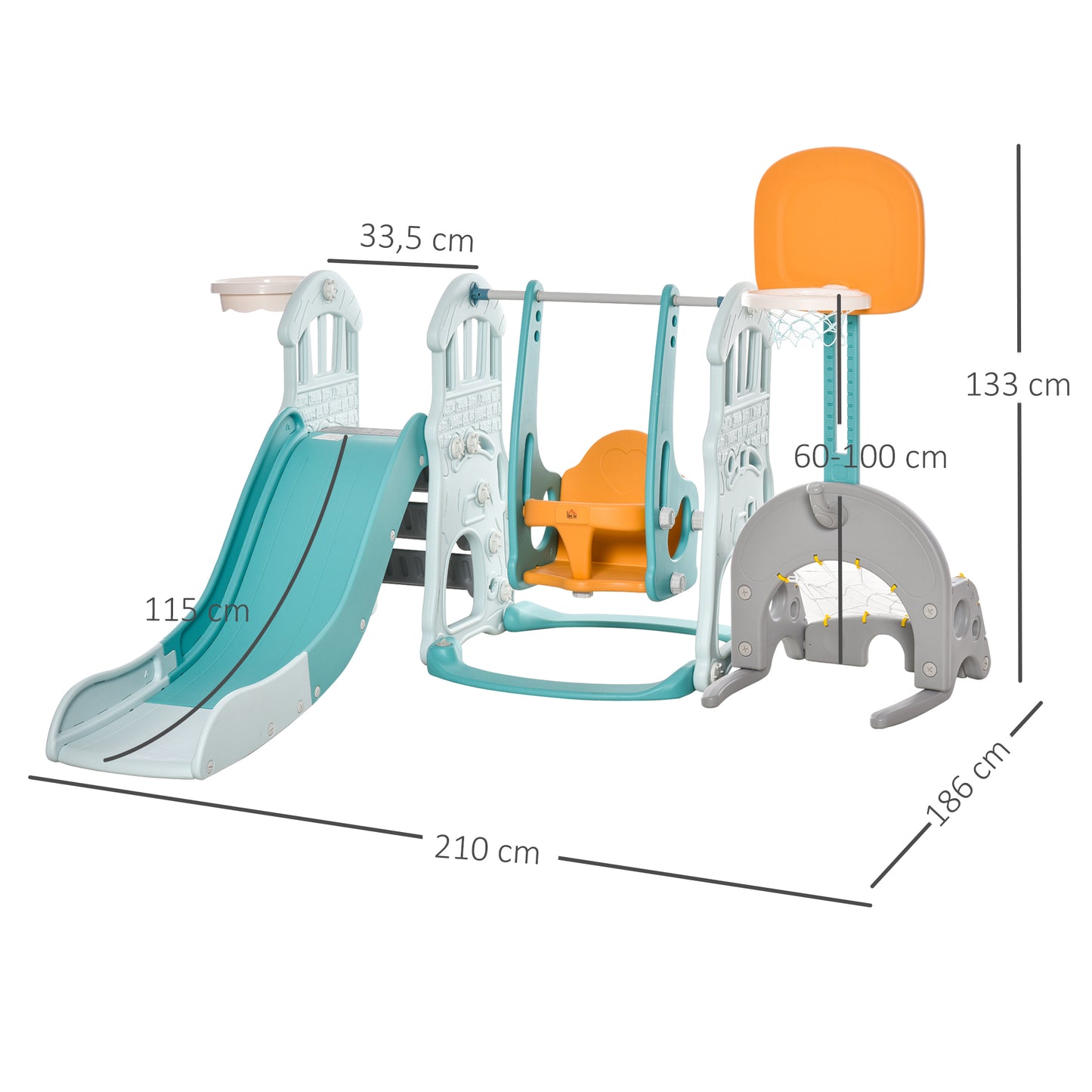 HOMCOM 5 em 1 Escorrega e Baloiço para Crianças acima de 18 meses com 2 Cestas de Basquetebol Porteria de Futbol com Assento Ajustável Parque Infantil Interior e Exterior 210x186x133cm Multicor