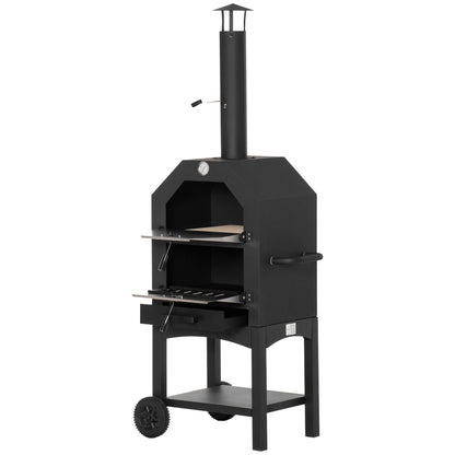 Outsunny Forno de Pizza Exterior com 2 Camadas Forno a Lenha com Rodas Gaveta Removível Prateleira de Armazenamento para Terraço Campismo Jardim 64x54x160 cm Preto