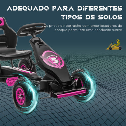 Kart a Pedais para Crianças 5-12 Anos Kart a Pedais Infantil com Assento Ajustável Pneus Insufláveis Amortecimento e Travão de Mão Carga Máx. 50kg 121x58x61 cm Rosa