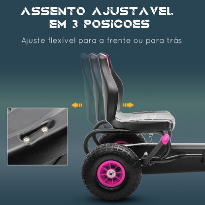 Kart a Pedais para Crianças 5-12 Anos Kart a Pedais Infantil com Assento Ajustável Pneus Insufláveis Amortecimento e Travão de Mão Carga Máx. 50kg 121x58x61 cm Rosa