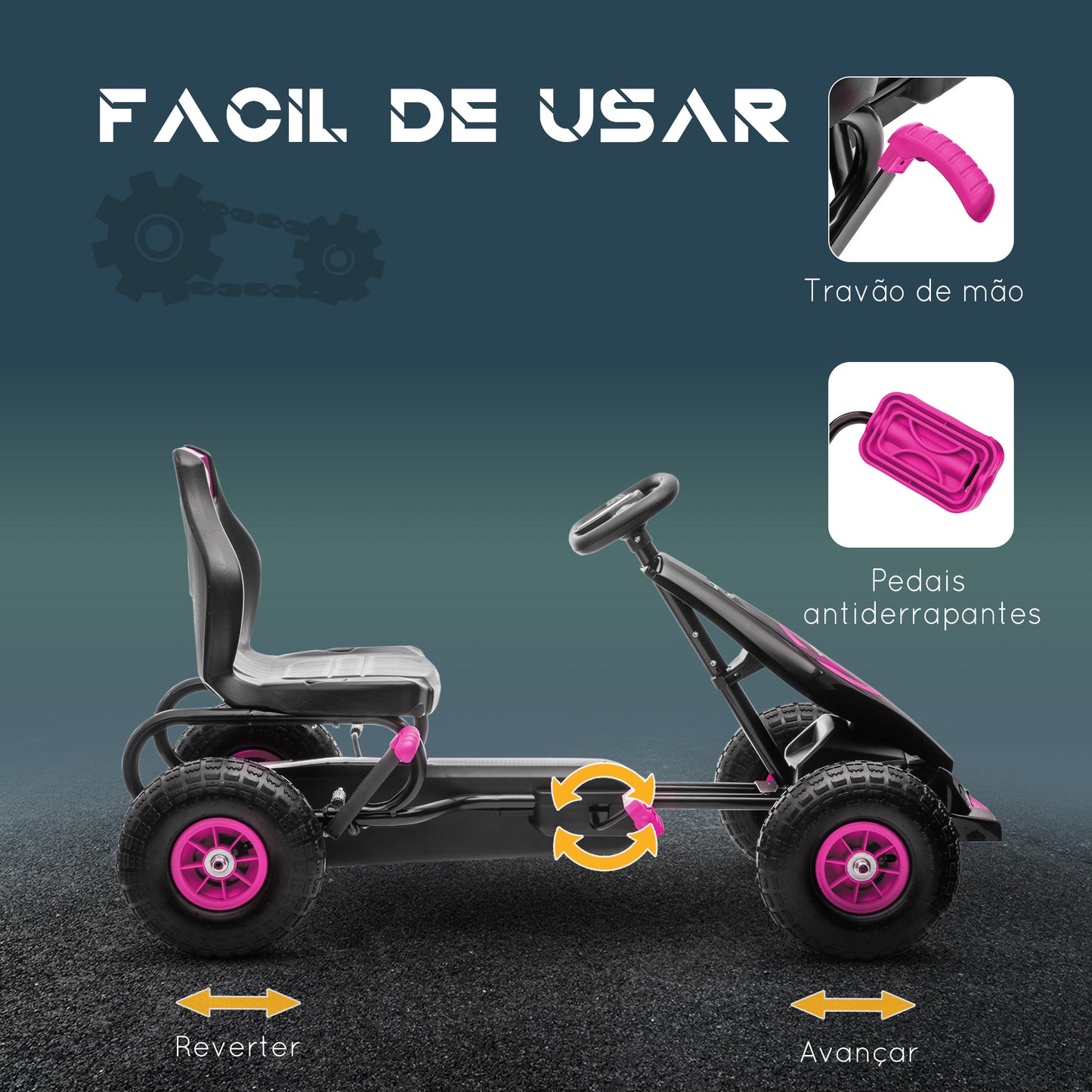 Kart a Pedais para Crianças 5-12 Anos Kart a Pedais Infantil com Assento Ajustável Pneus Insufláveis Amortecimento e Travão de Mão Carga Máx. 50kg 121x58x61 cm Rosa