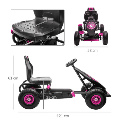 Kart a Pedais para Crianças 5-12 Anos Kart a Pedais Infantil com Assento Ajustável Pneus Insufláveis Amortecimento e Travão de Mão Carga Máx. 50kg 121x58x61 cm Rosa