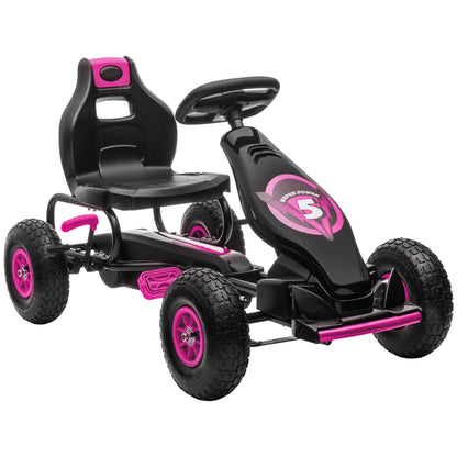 Kart a Pedais para Crianças 5-12 Anos Kart a Pedais Infantil com Assento Ajustável Pneus Insufláveis Amortecimento e Travão de Mão Carga Máx. 50kg 121x58x61 cm Rosa