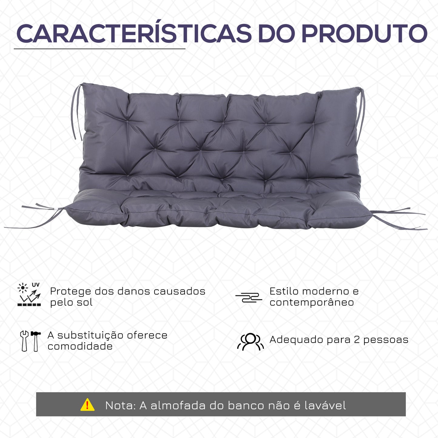 Outsunny Almofada para Banco com Encosto 120x110x12cm Almofada de Banco de 2 Lugares com 6 Cordões de Fixação para Jardim Terraço Balcão Exterior Cinza