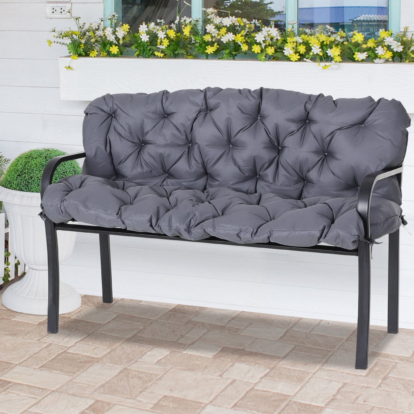 Outsunny Almofada para Banco com Encosto 120x110x12cm Almofada de Banco de 2 Lugares com 6 Cordões de Fixação para Jardim Terraço Balcão Exterior Cinza