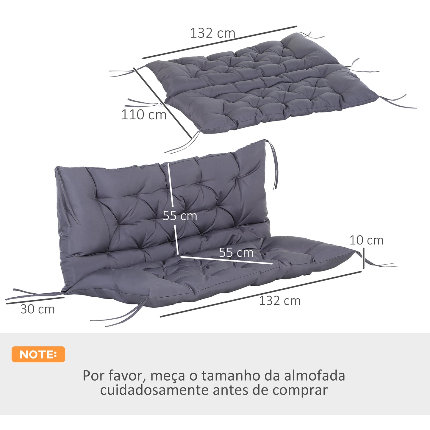 Outsunny Almofada para Banco com Encosto 120x110x12cm Almofada de Banco de 2 Lugares com 6 Cordões de Fixação para Jardim Terraço Balcão Exterior Cinza