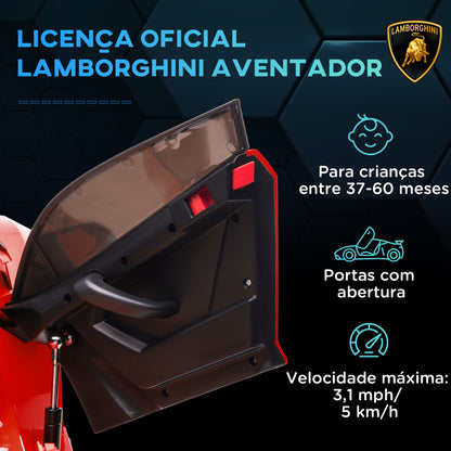 HOMCOM Carro Elétrico Lamborghini para Crianças de 37 a 60 Meses Carro Elétrico a Bateria 12V Velocidade Máxima 5km/h Controlo Remoto MP3 Luzes e Cinto de Segurança 107,5x63x42 cm Vermelho