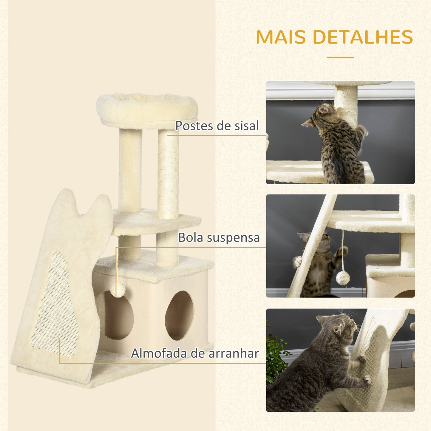 HOMCOM Árvore Arranhador para Gatos Pequenos Altura 83cm Torre para Gatos com Cama Caverna Plataforma Bola Suspensa Postes e Rampa de Sisal 60x30x83cm Bege