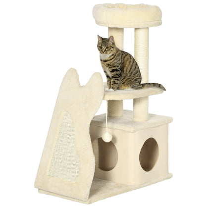 HOMCOM Árvore Arranhador para Gatos Pequenos Altura 83cm Torre para Gatos com Cama Caverna Plataforma Bola Suspensa Postes e Rampa de Sisal 60x30x83cm Bege