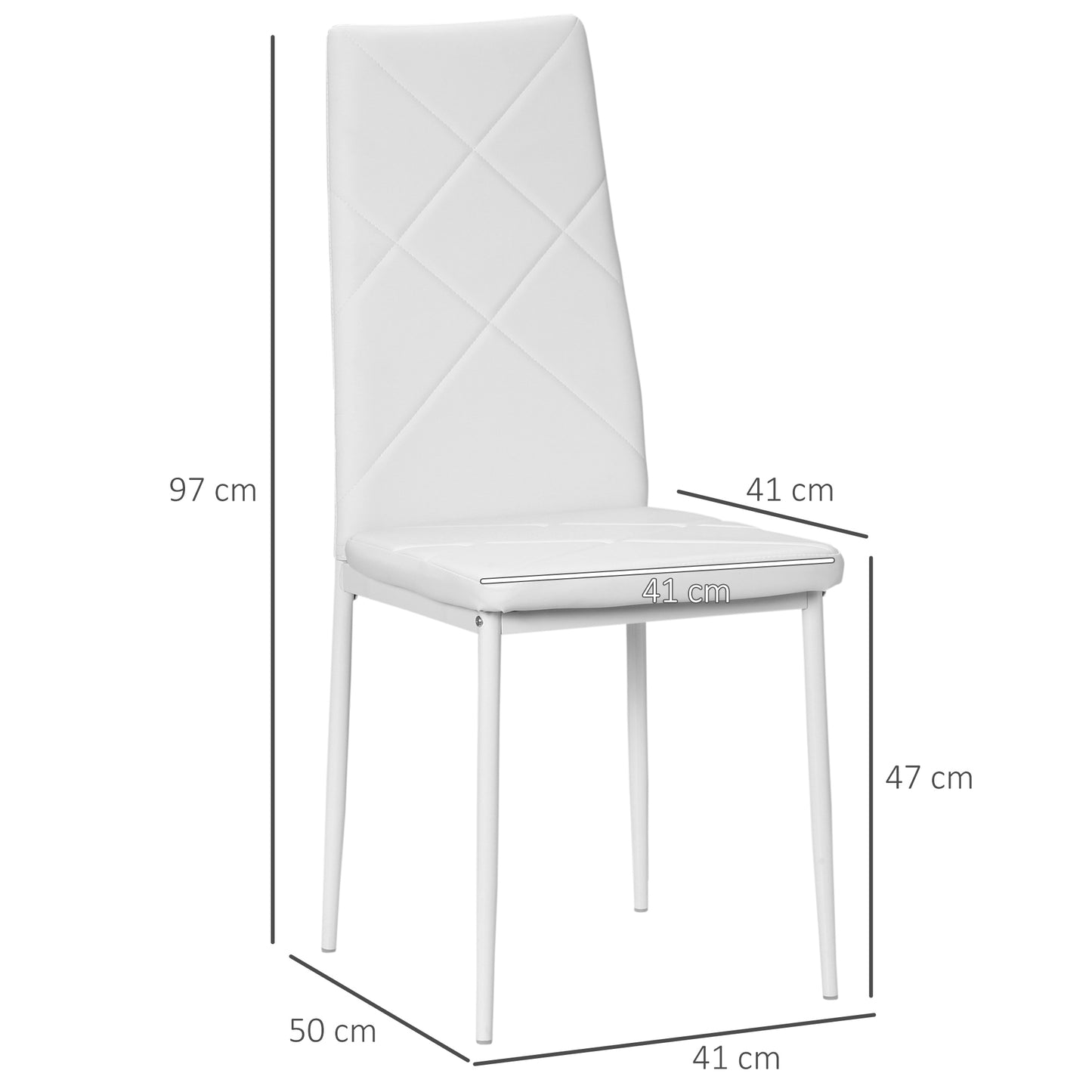 HOMCOM Conjunto de 4 Cadeiras de Sala de Jantar Estofadas em Couro Sintético Cadeiras de Cozinha com Encosto Alto e Pés de Aço Carga Máxima 120kg 41x50x97cm Branco