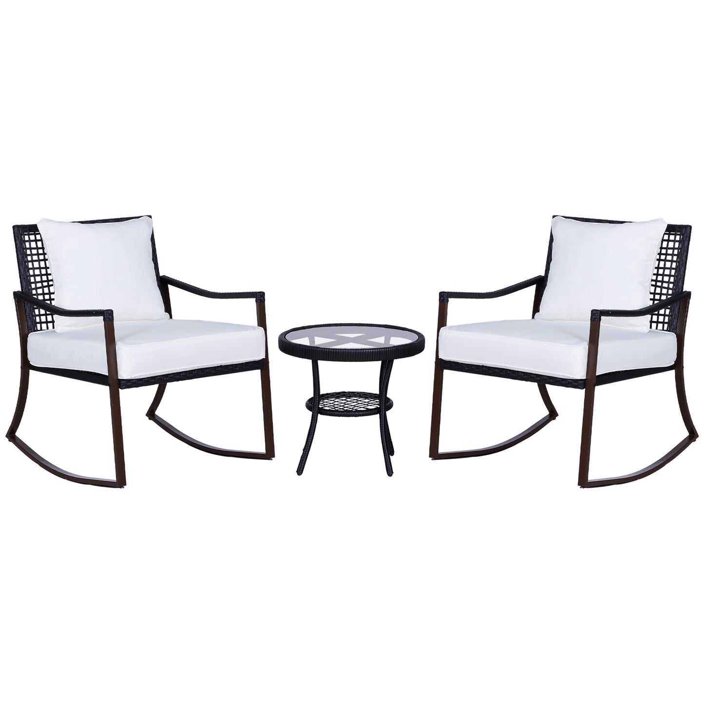 Outsunny Conjunto de Jardim vime com Mesa de Vidro Temperado Ø51x46cm e 2 Cadeiras de Balanço 65,5x73,5x84,5cm com Almofadas Laváveis Zíper e Travesseiros Branco e marrom