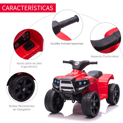 HOMCOM Quadriciclo Elétrico para Crianças acima de 18 Meses Quadriciclo Infantil a Bateria 6V Faróis Buzina Velocidade -3km/h Avanço e Recuo 65x40x43cm Vermelho