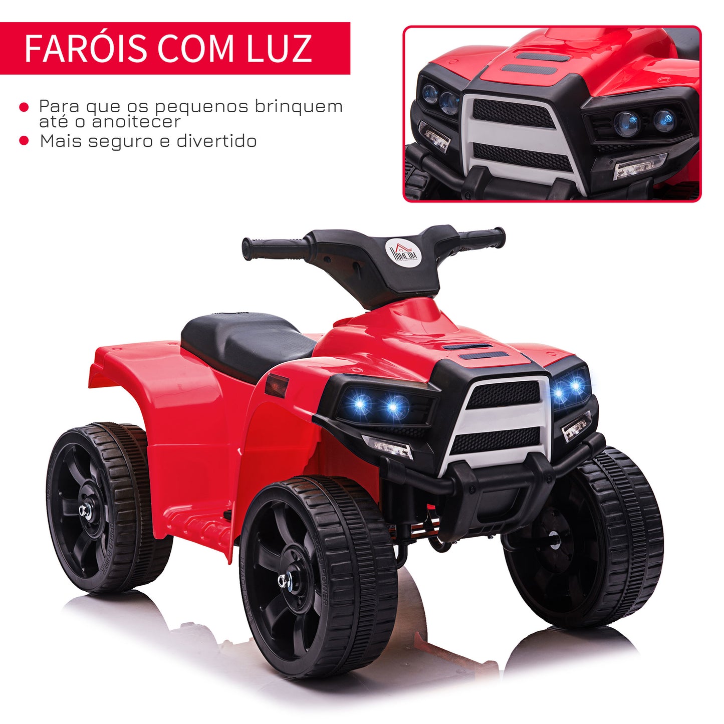 HOMCOM Quadriciclo Elétrico para Crianças acima de 18 Meses Quadriciclo Infantil a Bateria 6V Faróis Buzina Velocidade -3km/h Avanço e Recuo 65x40x43cm Vermelho