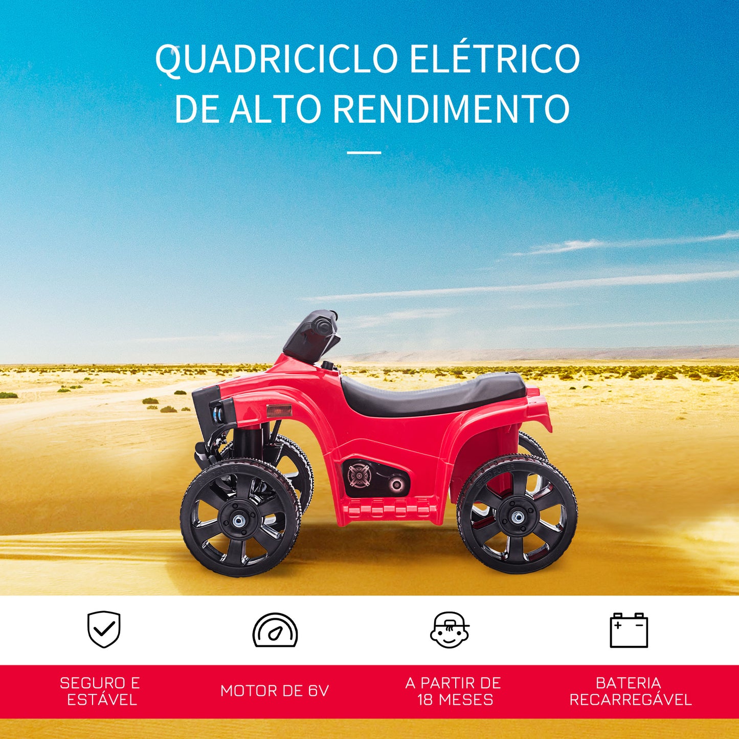 HOMCOM Quadriciclo Elétrico para Crianças acima de 18 Meses Quadriciclo Infantil a Bateria 6V Faróis Buzina Velocidade -3km/h Avanço e Recuo 65x40x43cm Vermelho