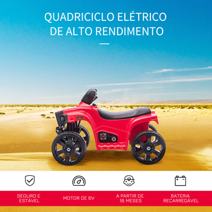 HOMCOM Quadriciclo Elétrico para Crianças acima de 18 Meses Quadriciclo Infantil a Bateria 6V Faróis Buzina Velocidade -3km/h Avanço e Recuo 65x40x43cm Vermelho